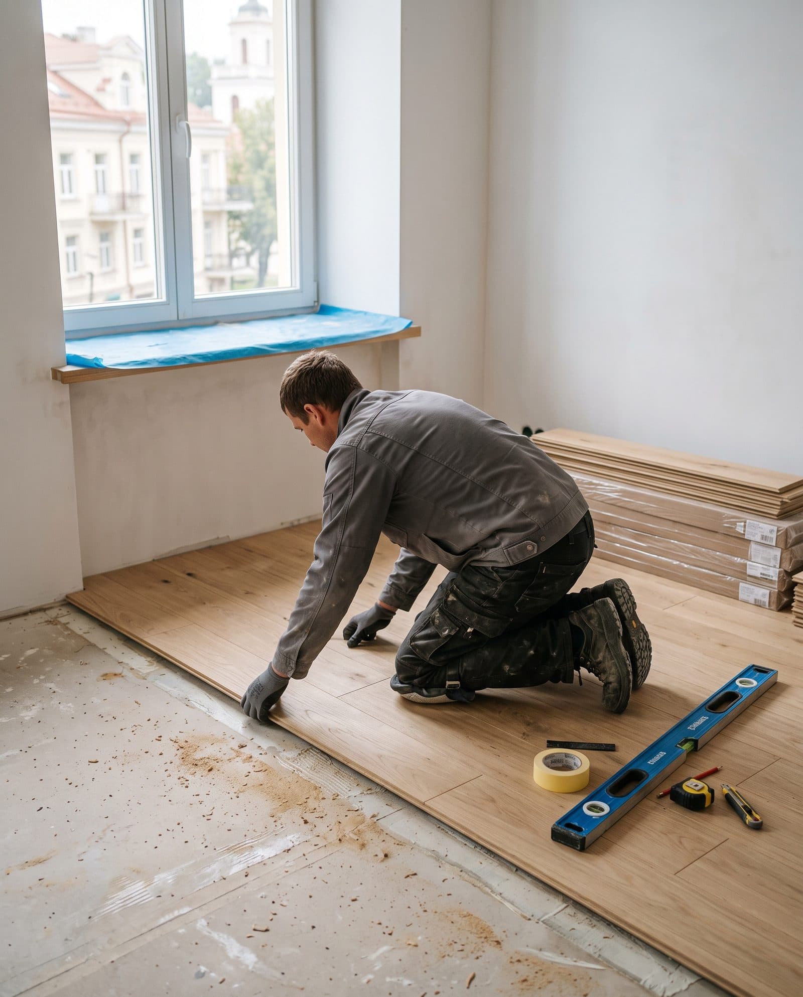 Meistras kloja ąžuolines grindis bute su ką tik nuglaistytomis sienomis